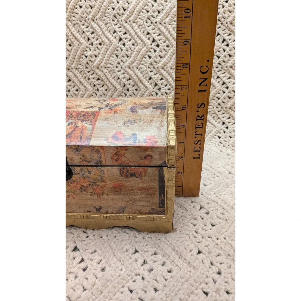 Vintage Style Decoupage Wooden Treasure Chest Jewelry Keepsake Box Gold Trim